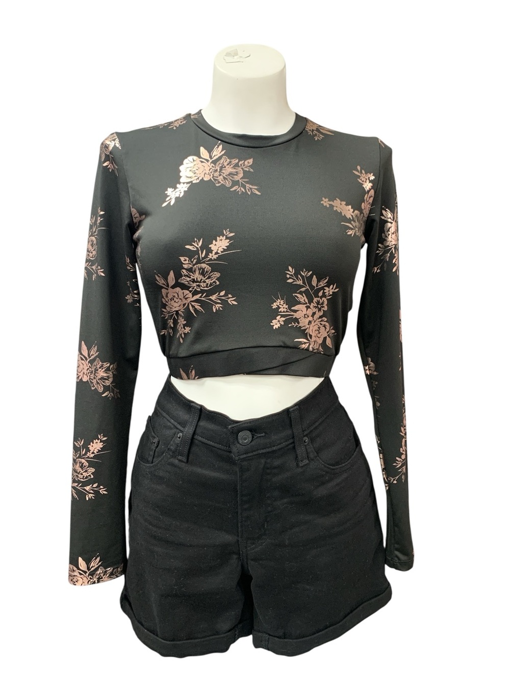 Sommer Ray Long-Sleeve Floral Crop Top in Black with Blush Print Size M